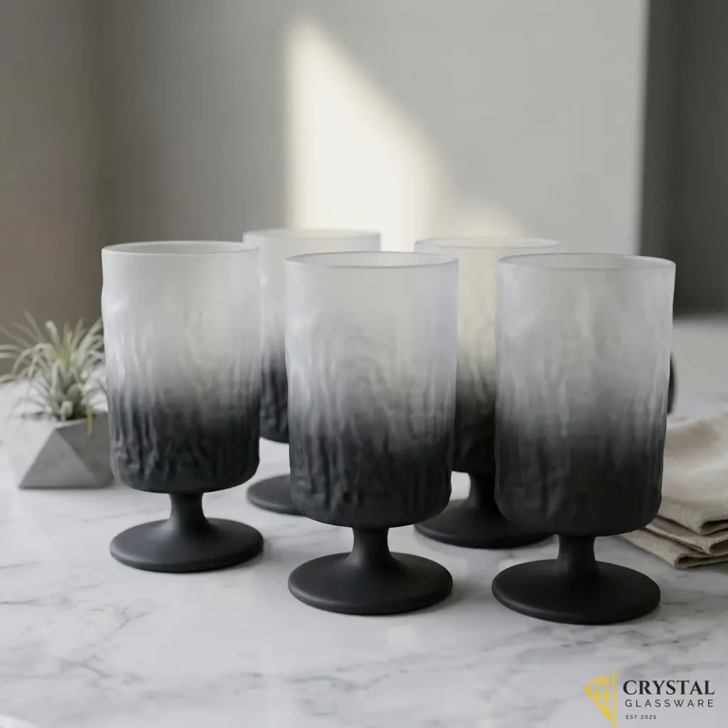 Frosted ombre glass goblets with black base and textured design.